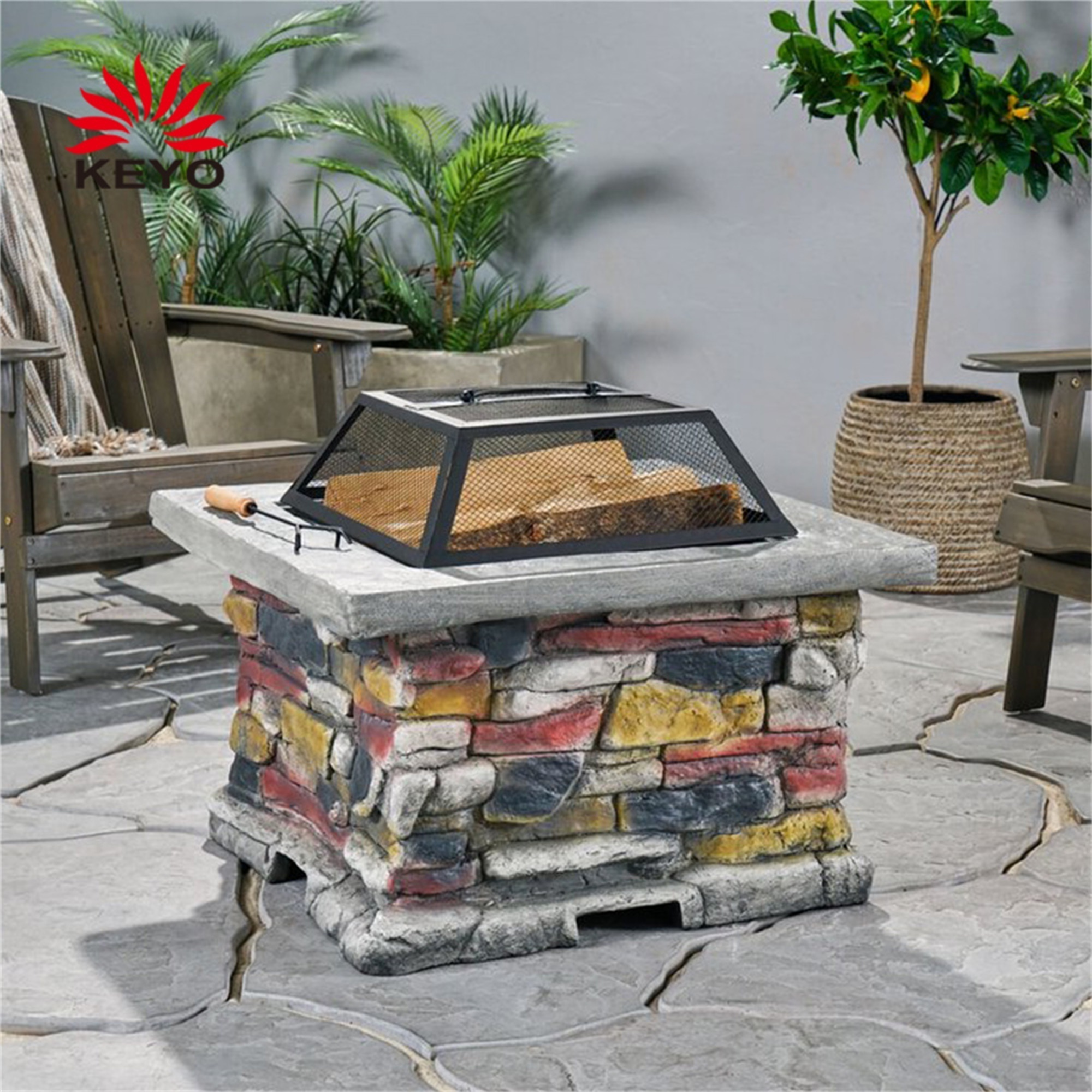 Keyo Modern Wood Burning Firepit Table Outdoor Square Concrete Fire Pit Table