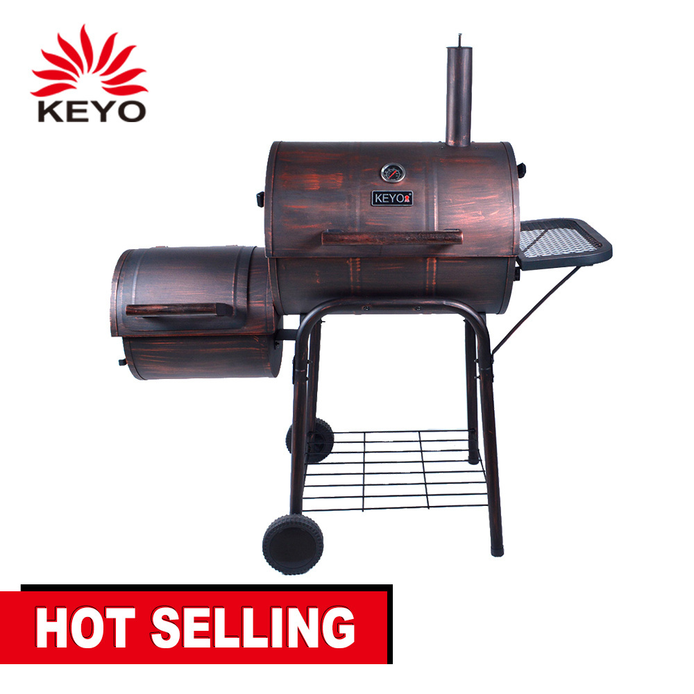 Outdoor wood barrel shape pellet tube smoker hopper bbq barbecue grill with trolley for backyard