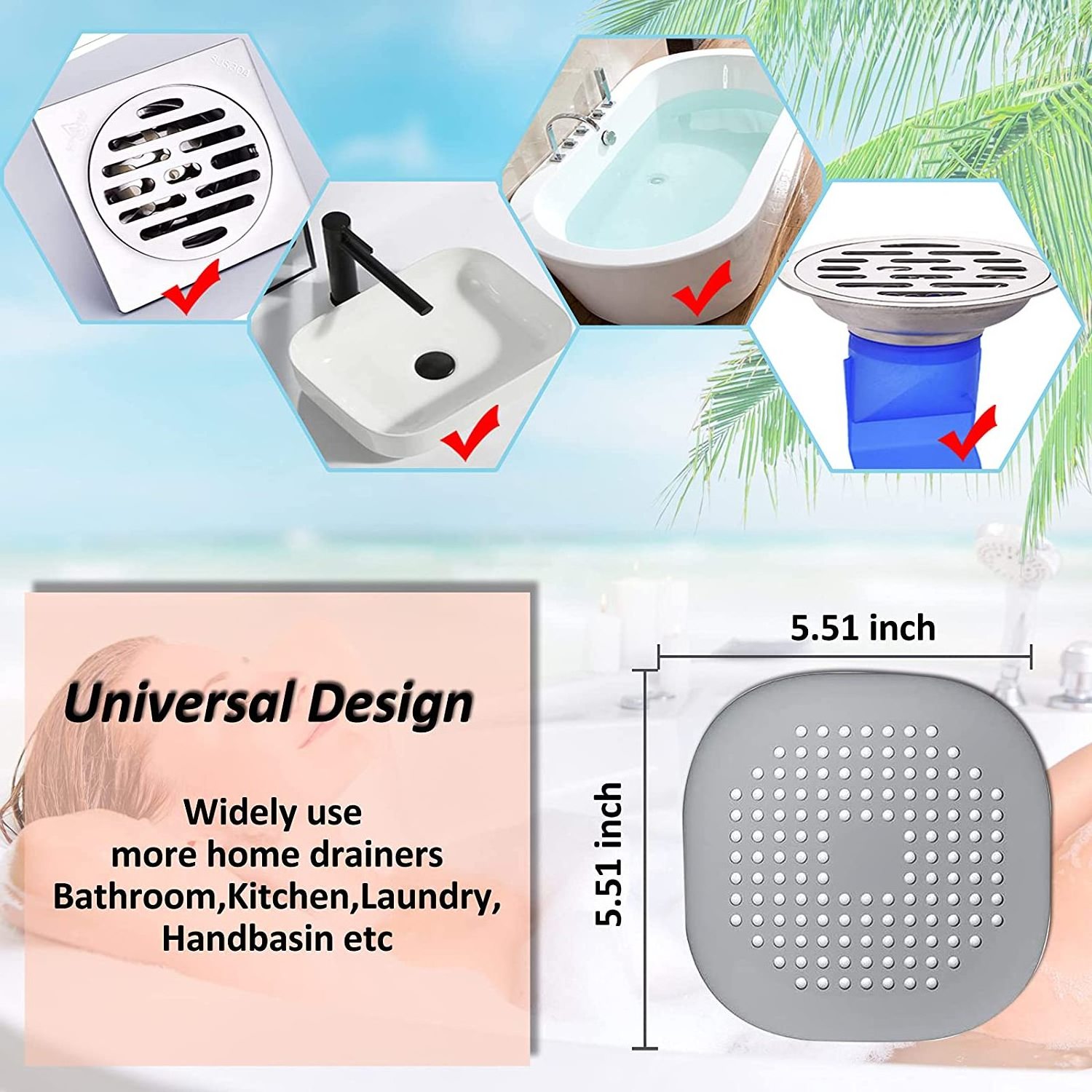 Easy to Install Suit for Bathroom Hair Catcher Square Hair Drain Cover for Shower Silicone Hair Stopper with Suction Cup