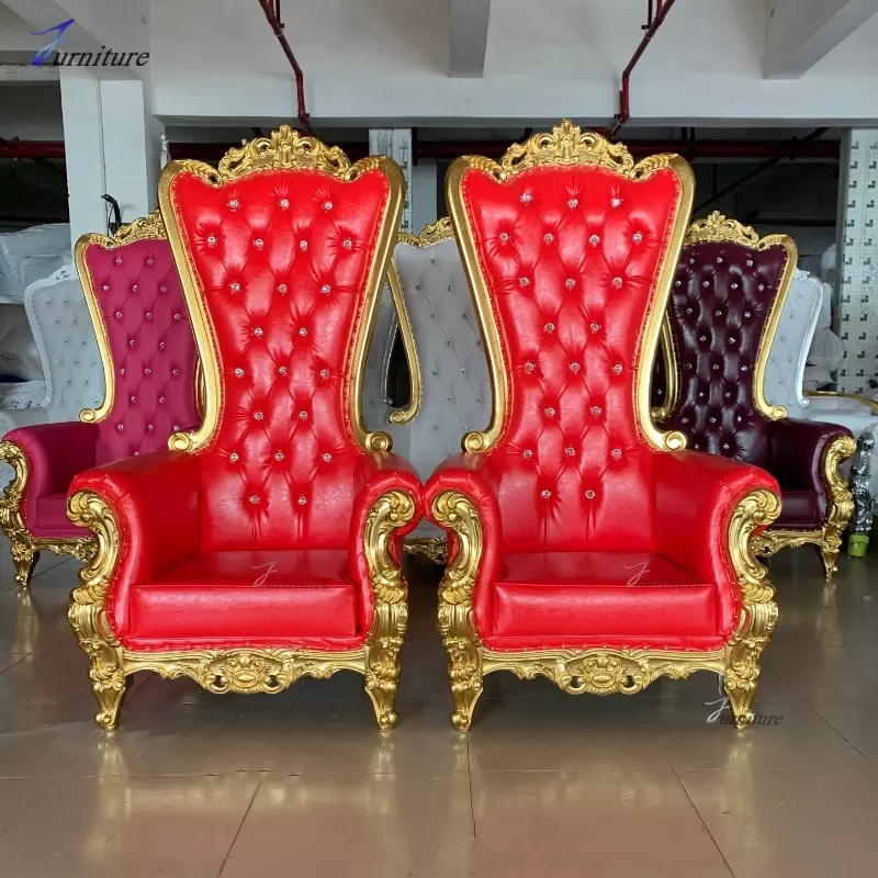 Factory price wood carvings luxury wedding trone chair bride and groom cheap high back golden king royal crown throne chair