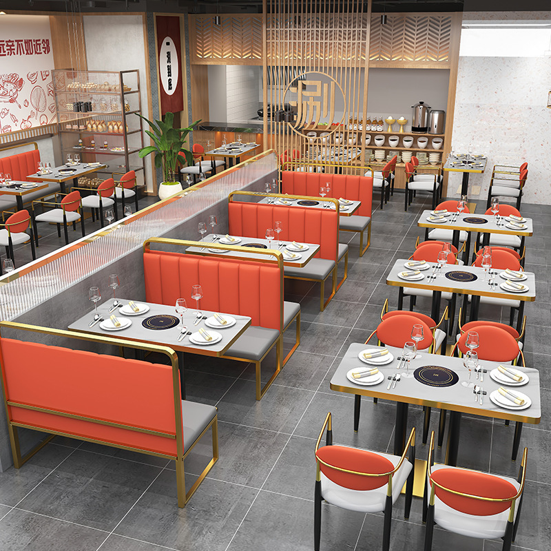 light luxury Custom metal leather seat restaurant booth seating orange bbq restaurant tables and chairs with grill hot pot table