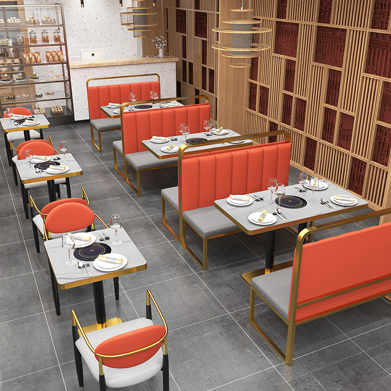 light luxury Custom metal leather seat restaurant booth seating orange bbq restaurant tables and chairs with grill hot pot table