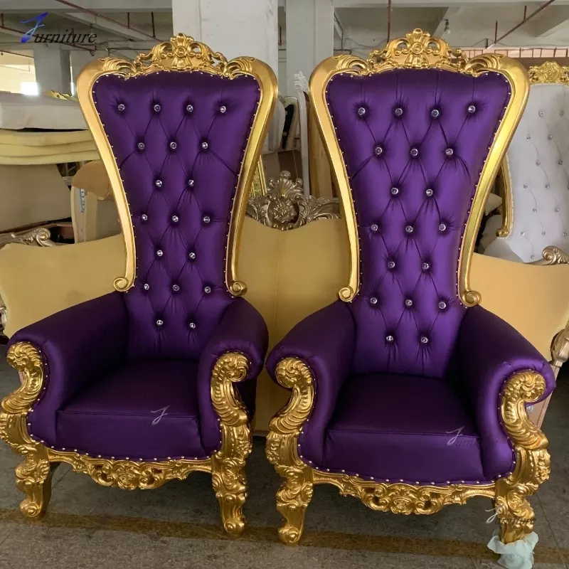 Factory price wood carvings luxury wedding trone chair bride and groom cheap high back golden king royal crown throne chair