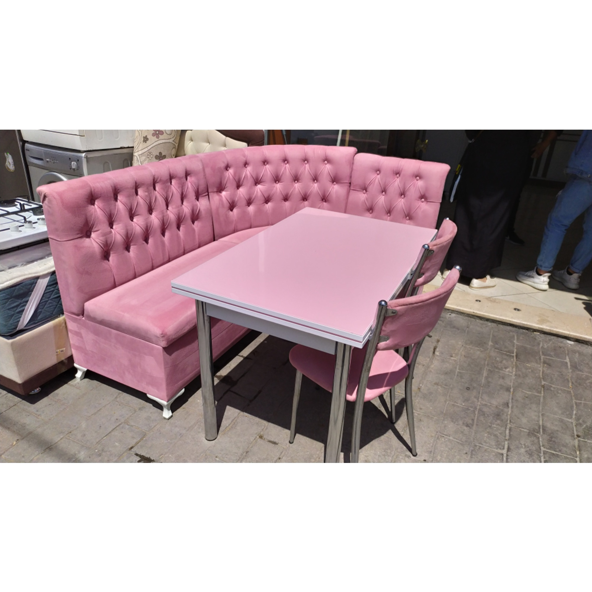 Fashionable ice cream shop cafe restaurant set velvet pink booths sofa restaurant furniture dining catering chairs and tables