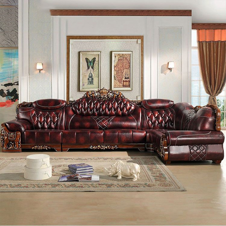 high-end european-style french sofa leather sofa living room classical solid wood corner chaise longue sofa chair