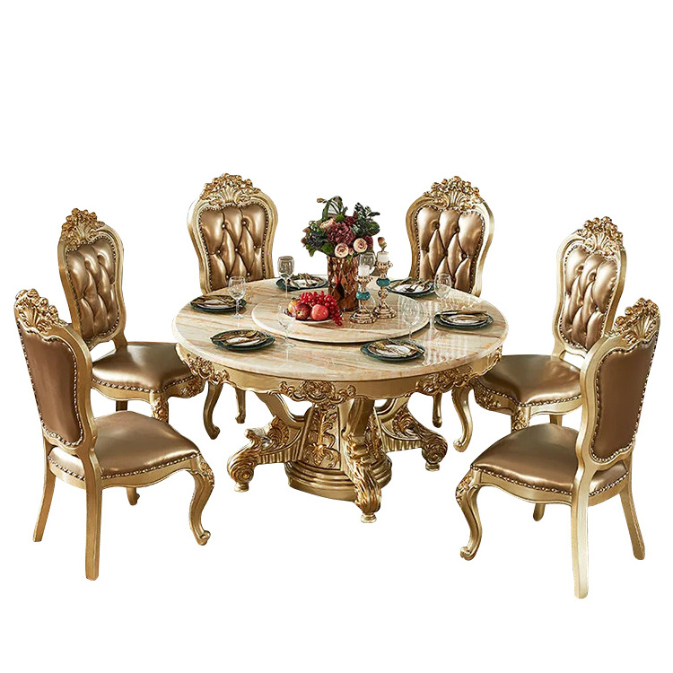 Marble Luxury Dining Table Chair Set with Rotating Centre Baroque Carving Dining Table Home Furniture