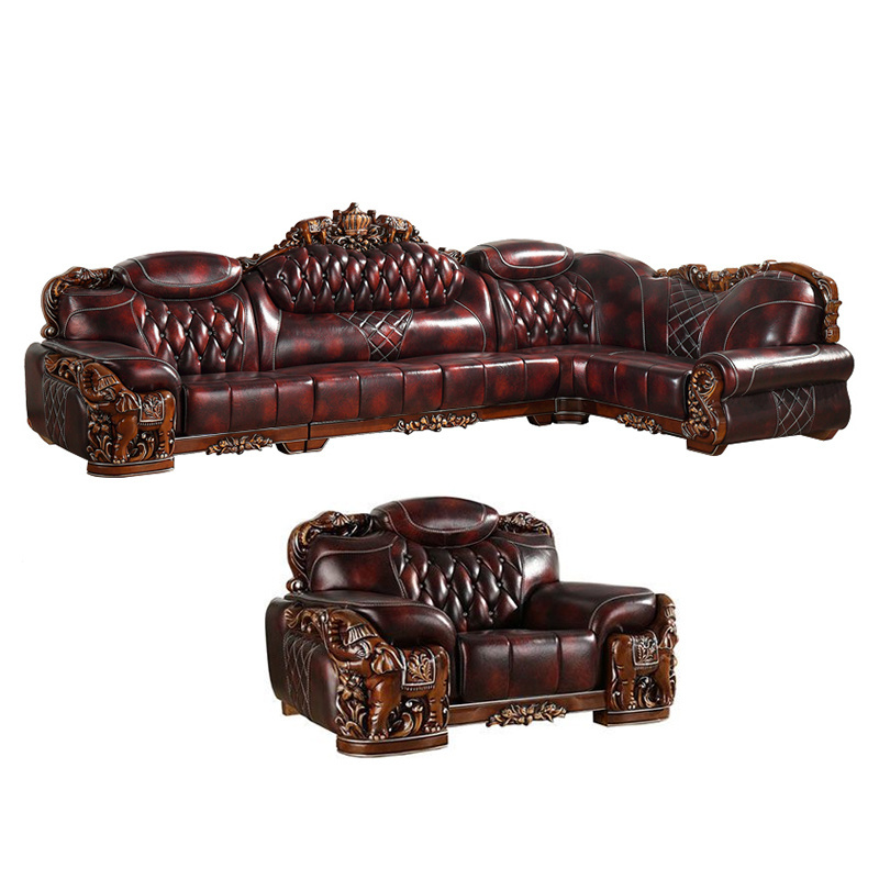 2023 Classical European style leather sofa new design living room solid wood furniture sofa modern left chaise sofa