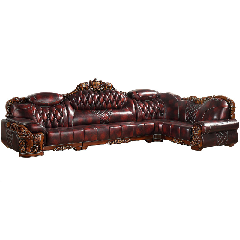 2023 Classical European style leather sofa new design living room solid wood furniture sofa modern left chaise sofa