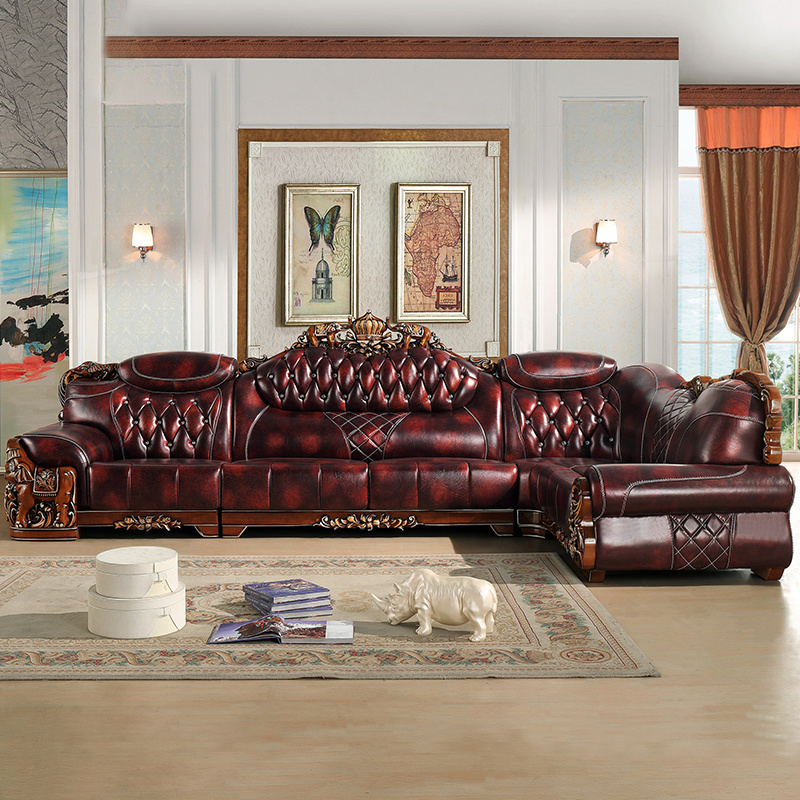 2023 Classical European style leather sofa new design living room solid wood furniture sofa modern left chaise sofa