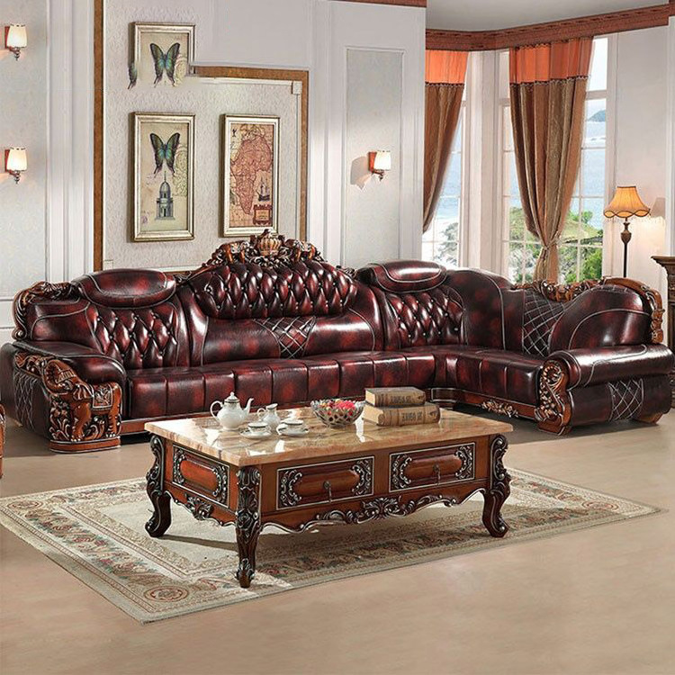 high-end european-style french sofa leather sofa living room classical solid wood corner chaise longue sofa chair