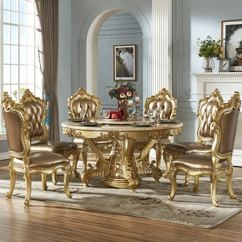 Marble Luxury Dining Table Chair Set with Rotating Centre Baroque Carving Dining Table Home Furniture