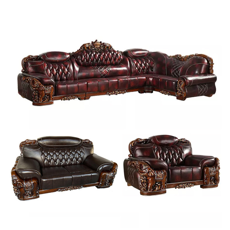 high-end european-style french sofa leather sofa living room classical solid wood corner chaise longue sofa chair