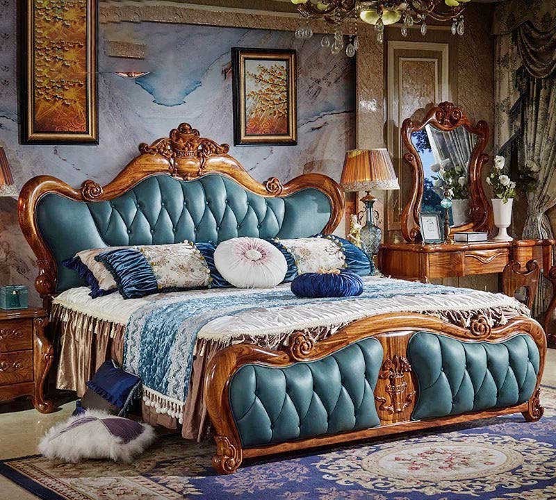 European-style leather bed double master bedroom wedding bed luxury carved bed