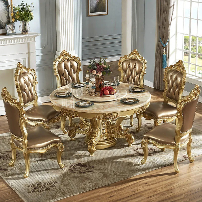 Marble Luxury Dining Table Chair Set with Rotating Centre Baroque Carving Dining Table Home Furniture