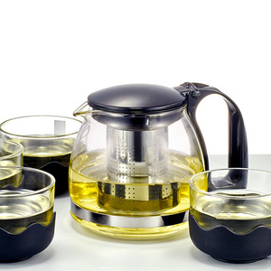 Tableware Hot Sale Black Color Heat Resistant Large Clear Tea Pot Set  Flower Kettle Glass Teapot