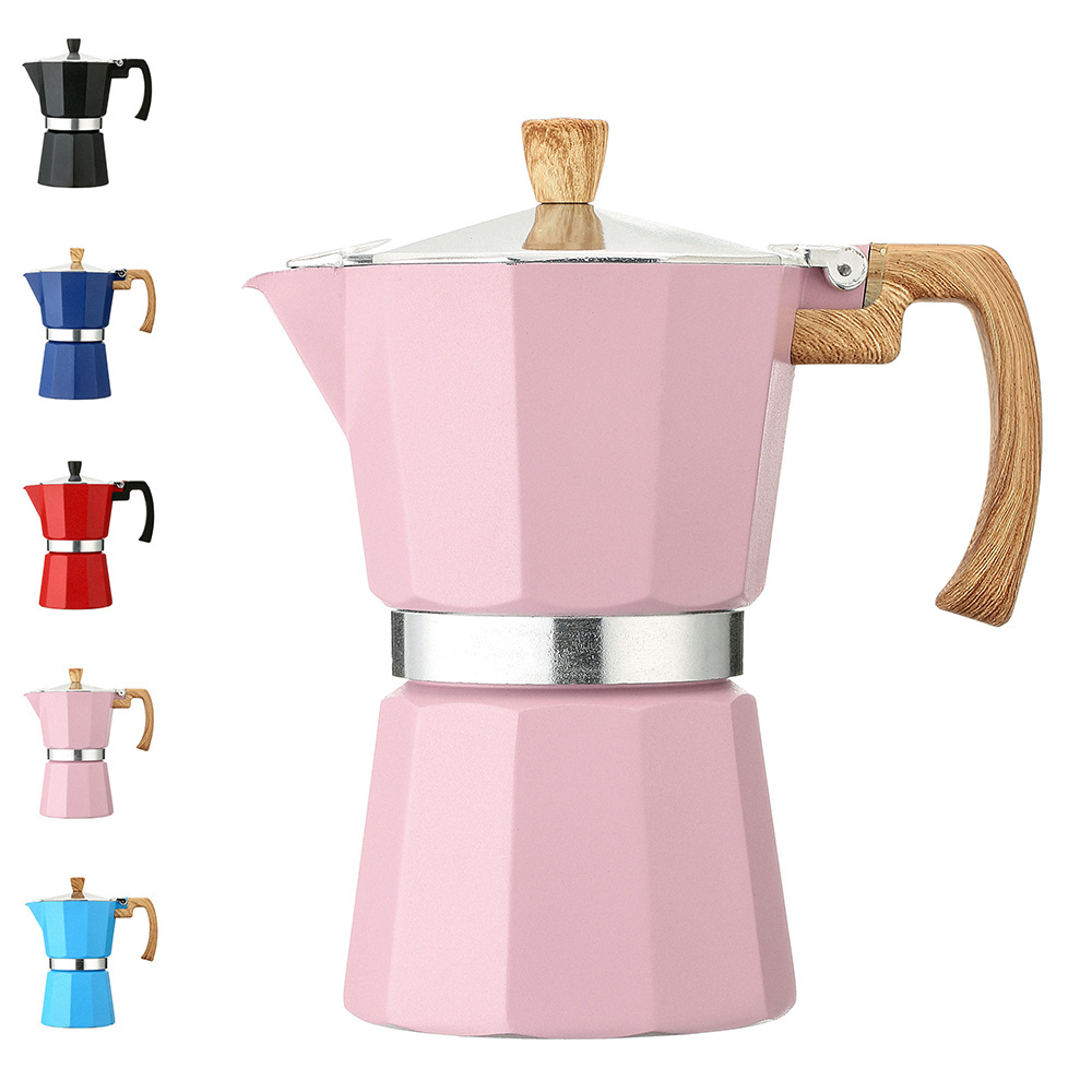 Free Sample Available Mini Moka Pot 1 cup 3 cups 6 cups with Wooden Handle Eco-friendly Aluminum  Coffee Marker Pot