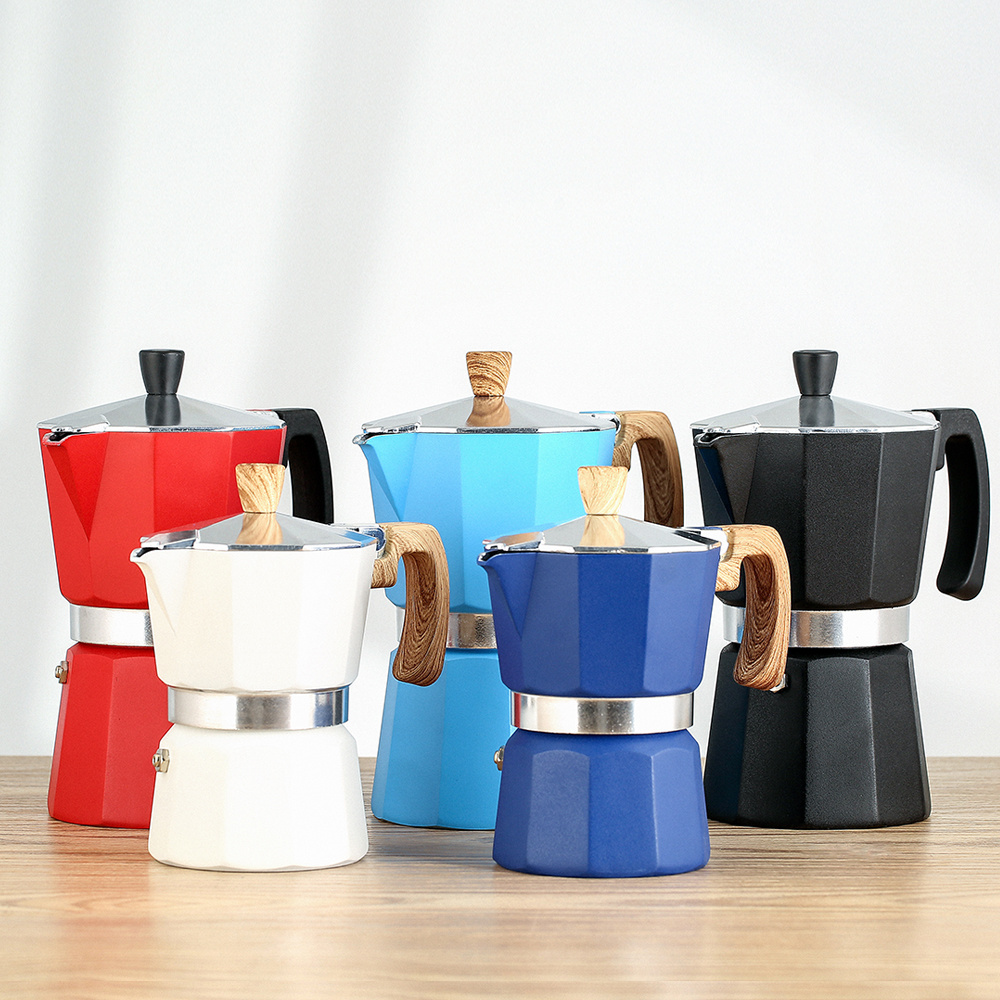 Free Sample Available Mini Moka Pot 1 cup 3 cups 6 cups with Wooden Handle Eco-friendly Aluminum  Coffee Marker Pot