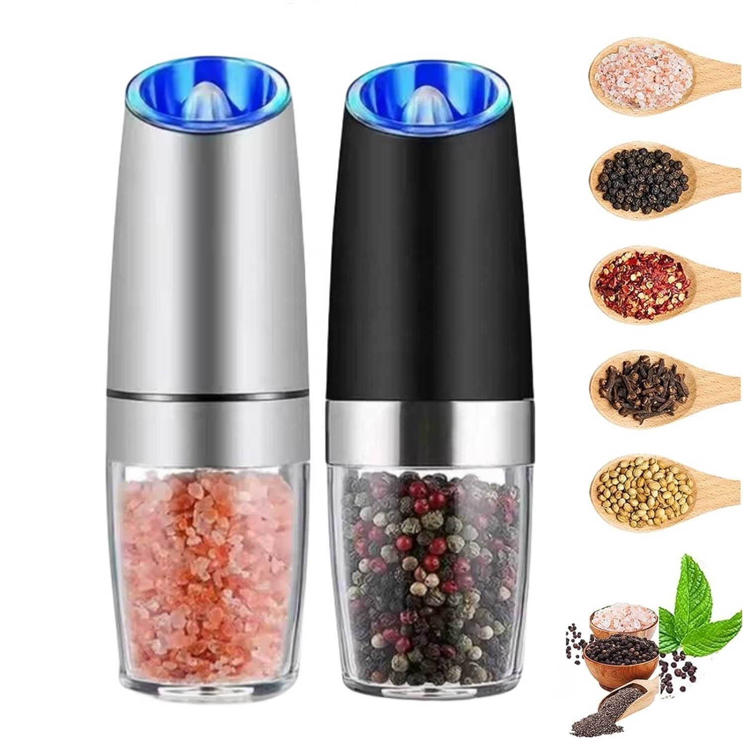 Automatic Kitchen Cooking Tools 2 In 1 Plastic Stainless Steel Automatic Electric Mill Salt Pepper Grinder Set