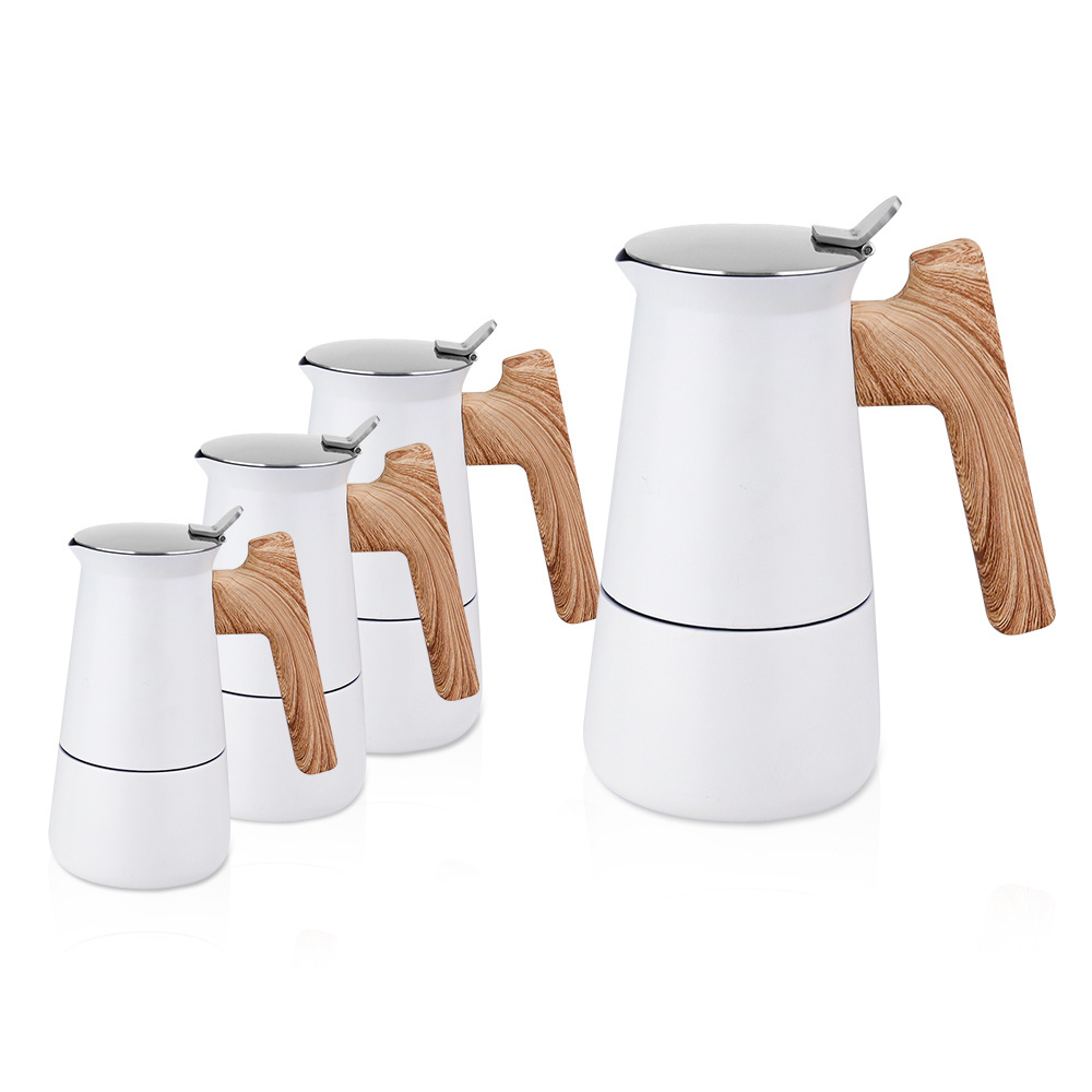 Oem Camping Custom Print Mini  1 3 12 Cup 150Ml Italian Stainless  Coffee Maker Espresso Moka Pot Induction Wood Handle