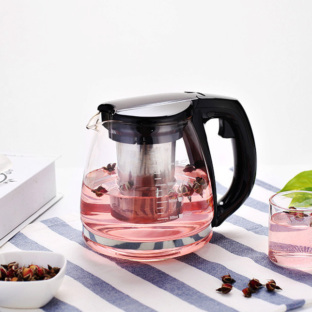 1100ml 1500ml Large Teapots Plastic Handle Heat Resistant Glass Tea Pots Stainless Steel Filter