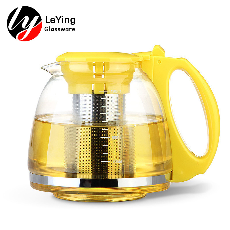 Cheap Plastic Lid Handle Borosilicate Clear Glass Teapot With Stainless Steel Infuser Tea Maker Coffee Kettle