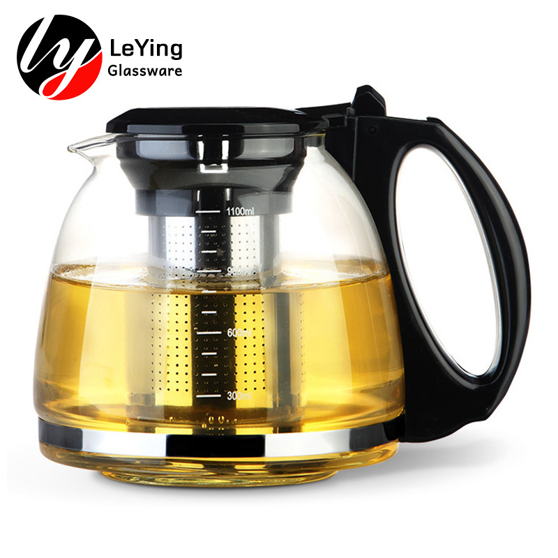 Cheap Plastic Lid Handle Borosilicate Clear Glass Teapot With Stainless Steel Infuser Tea Maker Coffee Kettle