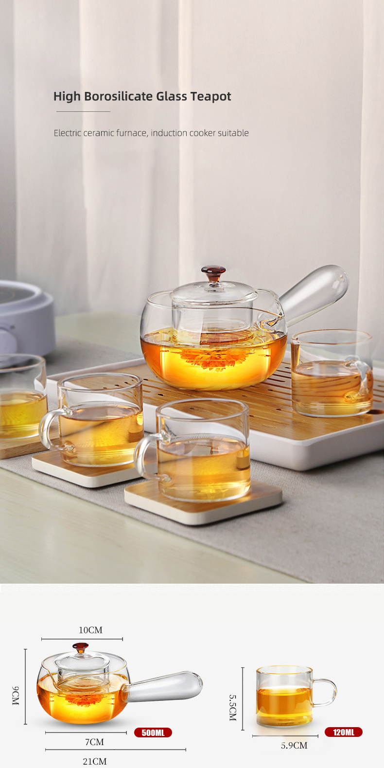 Luxury  Electric Tea Pot Cup Set Stovetop Safe Modern High Borosilicate Transparent Glass Teapots