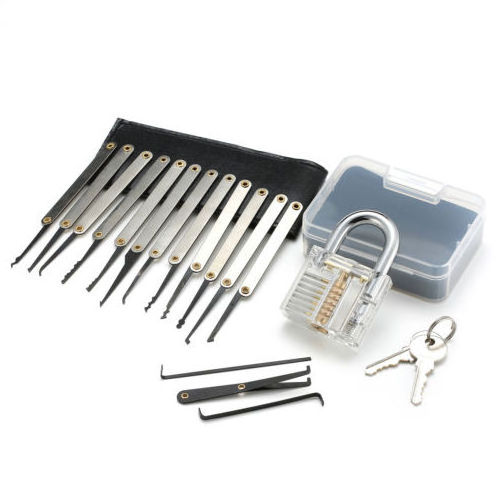 wholesale 15pcs locksmith supplies lock pick tools set with Transparent Practice Padlock locksmith tool lockpicking