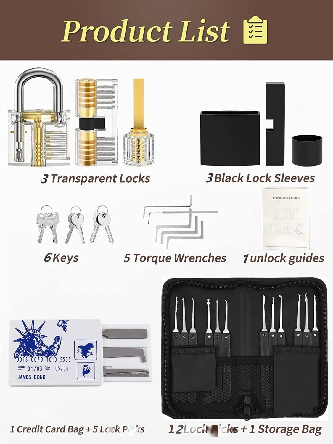 Newest Combination Picking Accessory Lock Set Tools kit Durable Backpack Packs Metal Picks Tools with Black Leather Handbag