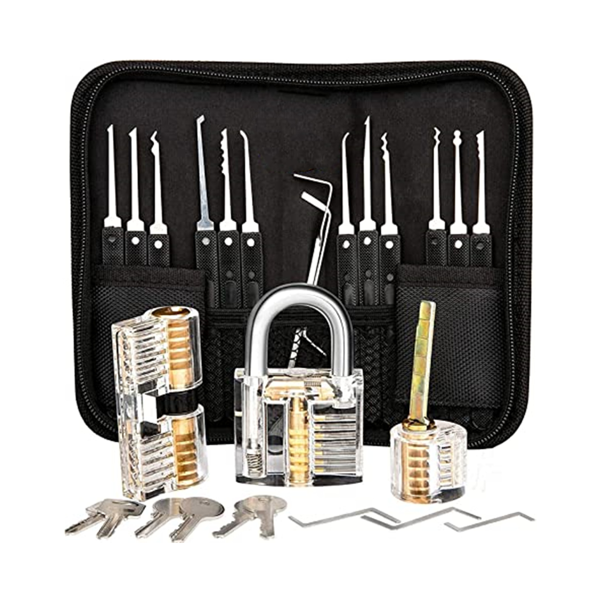 17PCS Locksmith Multi-Fun Set Pick Unlocking Key Extractor Transparent Practice Padlock Lock Pick Set Kit