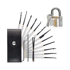 wholesale 15pcs locksmith supplies lock pick tools set with Transparent Practice Padlock locksmith tool lockpicking