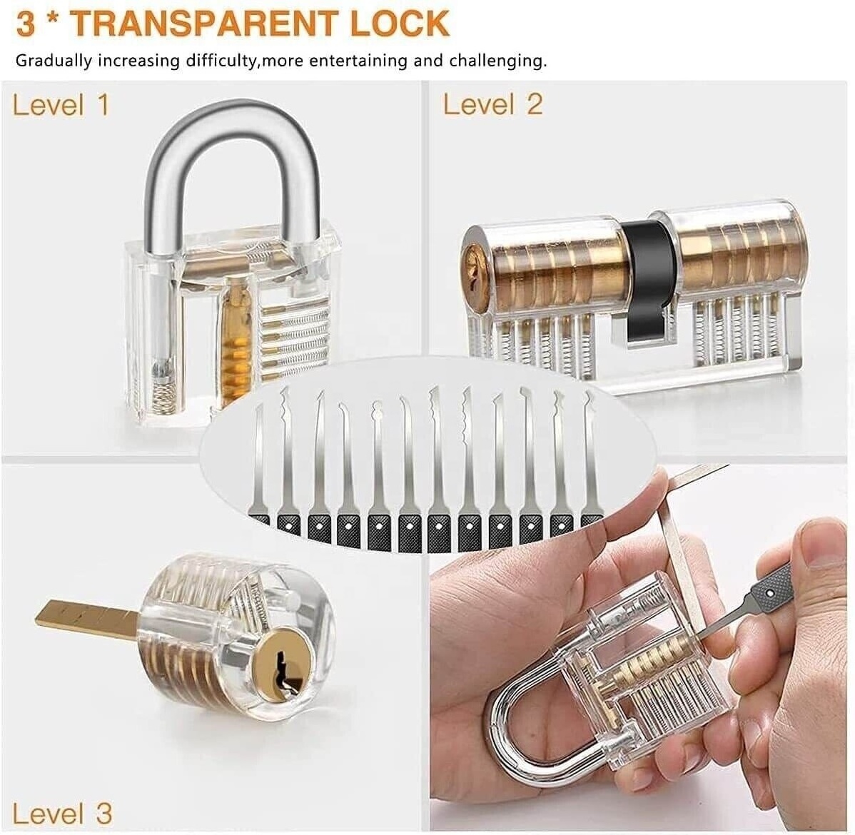 17PCS Locksmith Multi-Fun Set Pick Unlocking Key Extractor Transparent Practice Padlock Lock Pick Set Kit