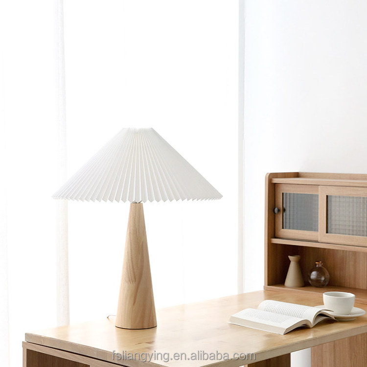 Hotel Night Light Pleated Bedside Table Lamp Fabric Folded Shade with Wood Desk Lamp Office Reading Working lamp