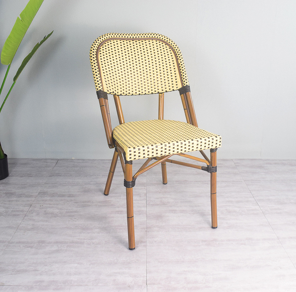 Yellow Outdoor French Bistro Rattan Chair Bamboo Look Wicker Coffee Table and Garden Chairs