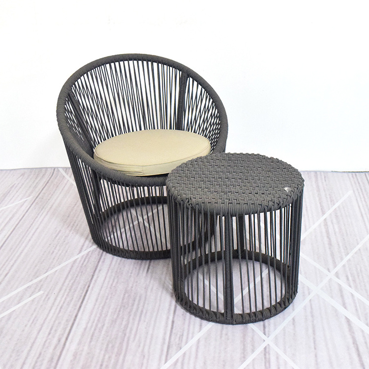 Modern Small Black Leisure Rope Chair and Coffee Table Set 3-Piece Conversation Set for Outdoor Patio or Hotel Terrace