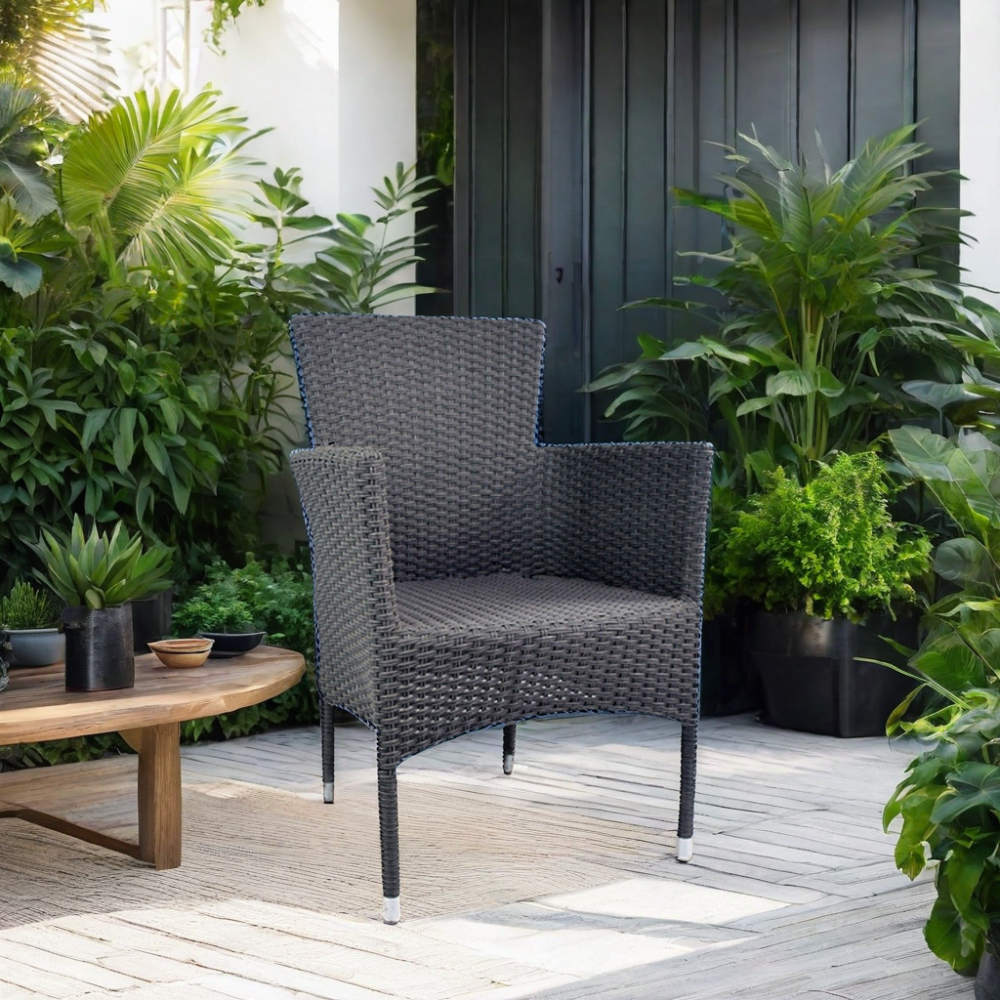 High Back Outdoor Garden Rattan Chair with Weather-Resistant Traditional Armrest Black Aluminum Frame Armchair