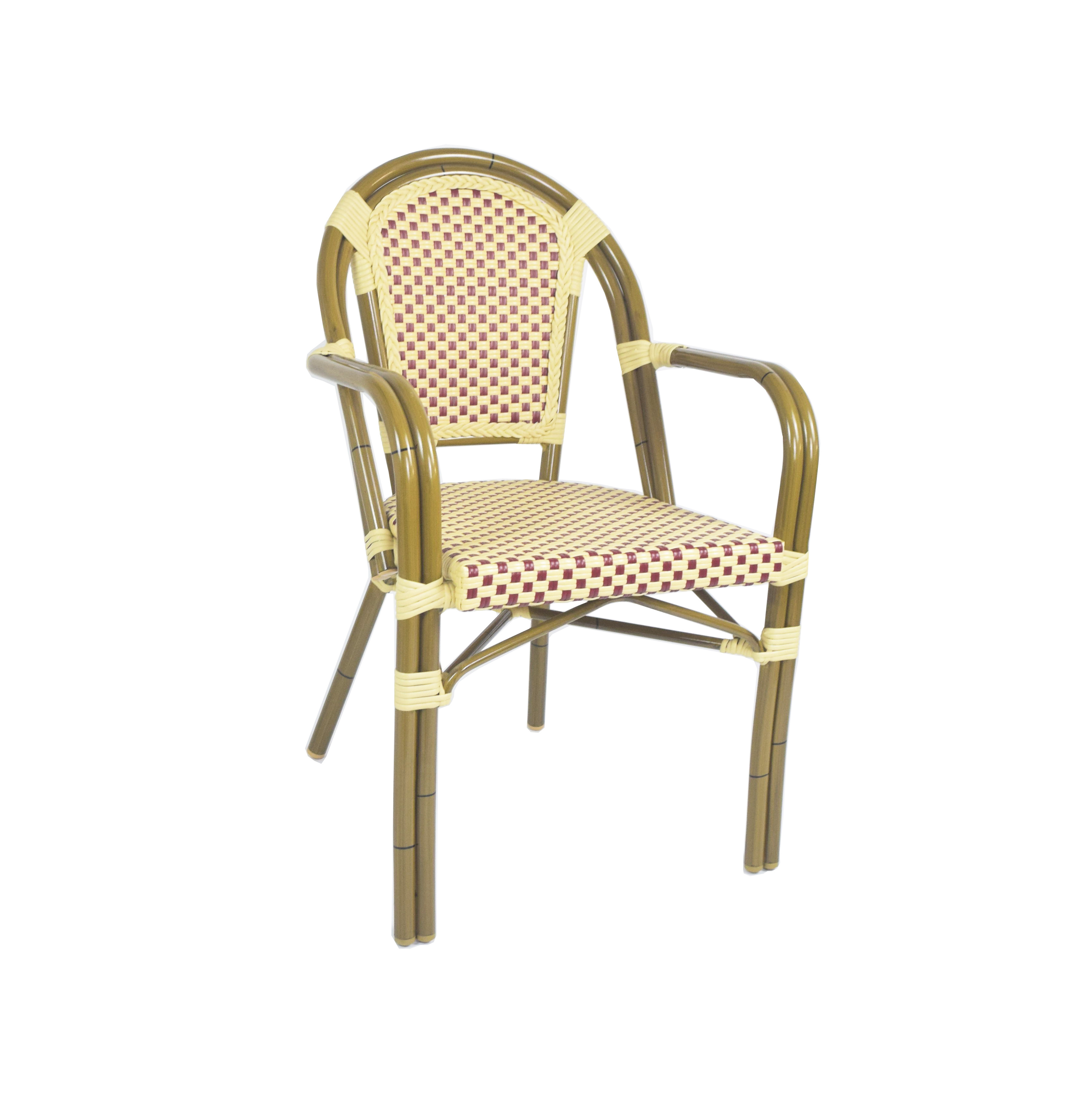 French Bistro Bamboo Rattan Chairs All-Weather Outdoor Restaurant Dining Set with Aluminum Frame Metal Material