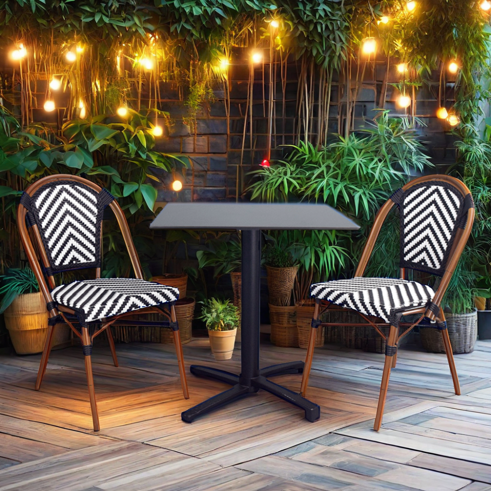 Outdoor French Bistro Chairs Black Restaurant Dining Set with Bamboo Look Rattan Wicker Design for Courtyard Use