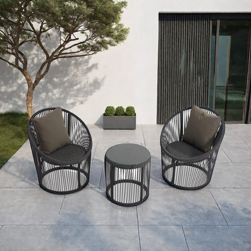 Modern Design Patio Balcony Set Aluminum Waterproof Woven Garden Furniture Small Coffee Table Lounge Wicker Rope Chair