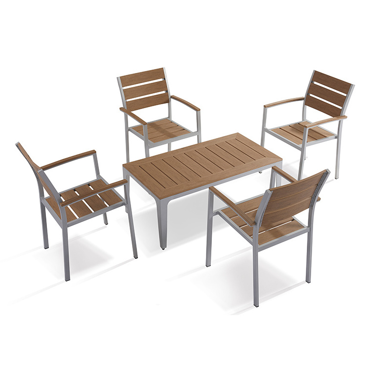 Aluminum Garden Furniture with 4 Plastic wood Chairs and  Side Table 5 Piece  Faux Wood Dining and Table Set for Coffee