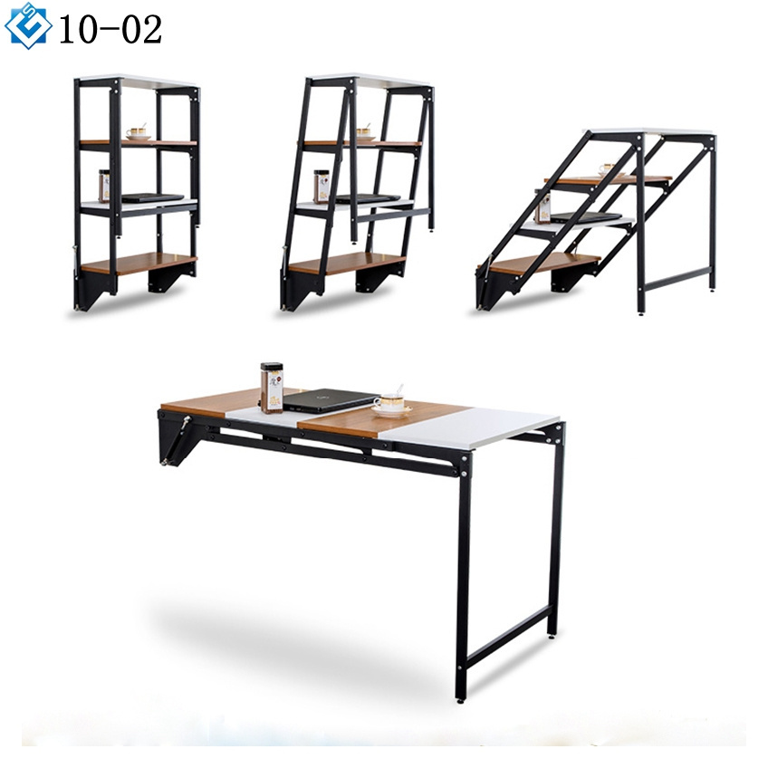 Modern Conertible Metal Display Unit Bookself Table Turns into Space Saving Wall Folding Dining Table Mechanism with Leg