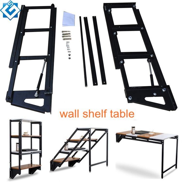 Modern Conertible Metal Display Unit Bookself Table Turns into Space Saving Wall Folding Dining Table Mechanism with Leg