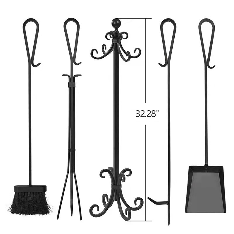 Cast Iron Tong Broom Shovel Poker Base 5 Pieces Fireplace Tools Set