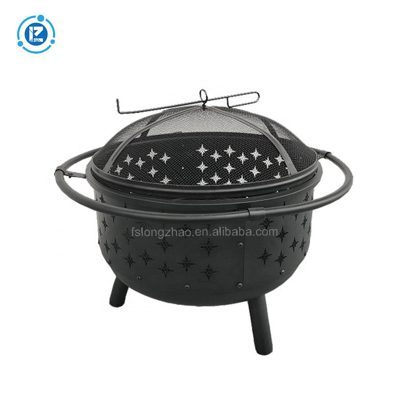 Round Outdoor BBQ Grill 30 inch Large Bonfire Backyard Patio Garden BBQ Wood Fired Fire Pit with Cover and poker