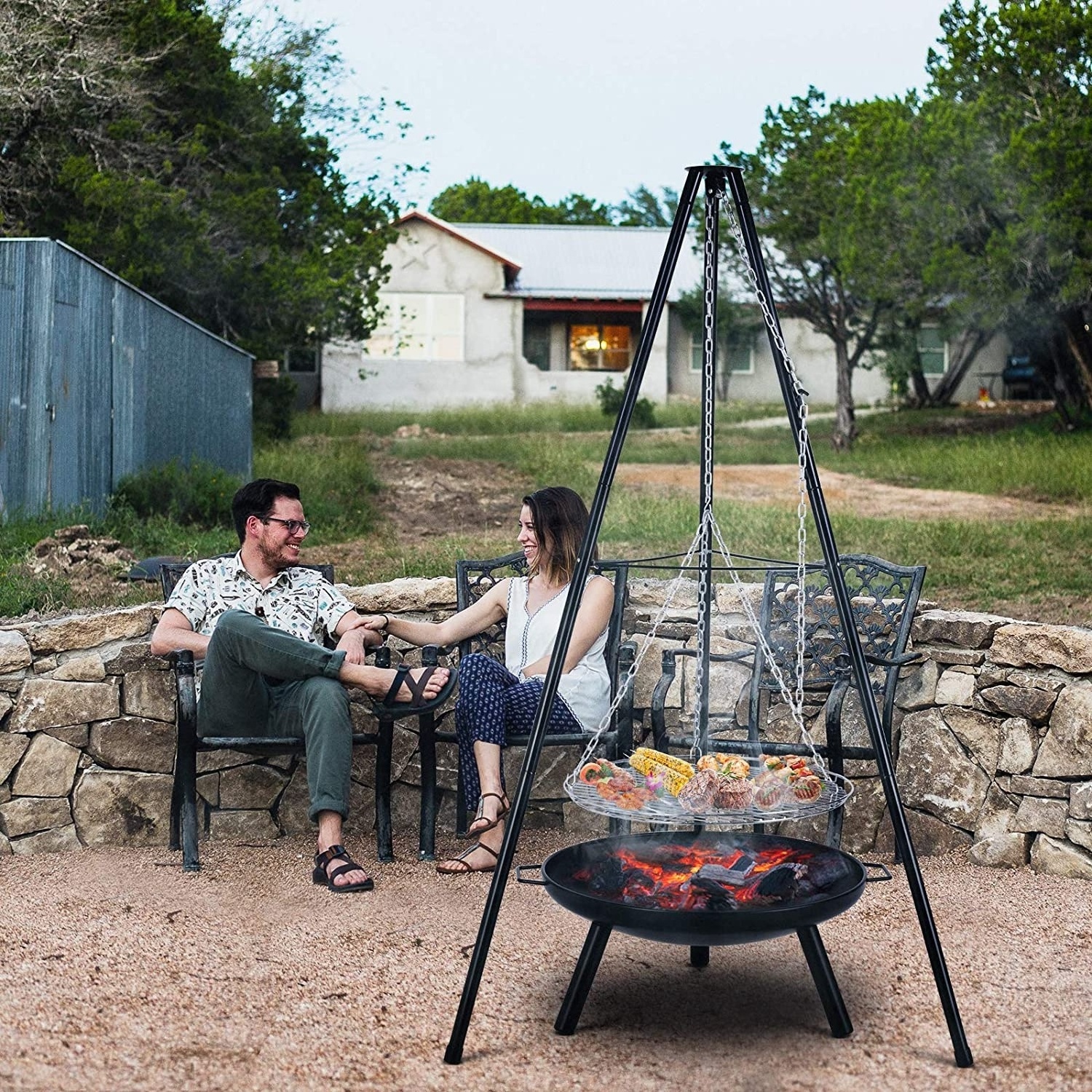 Adjustable Height Swing outdoor charcoal wood fire pit camping cookware brazier bbq tripod hanging grill