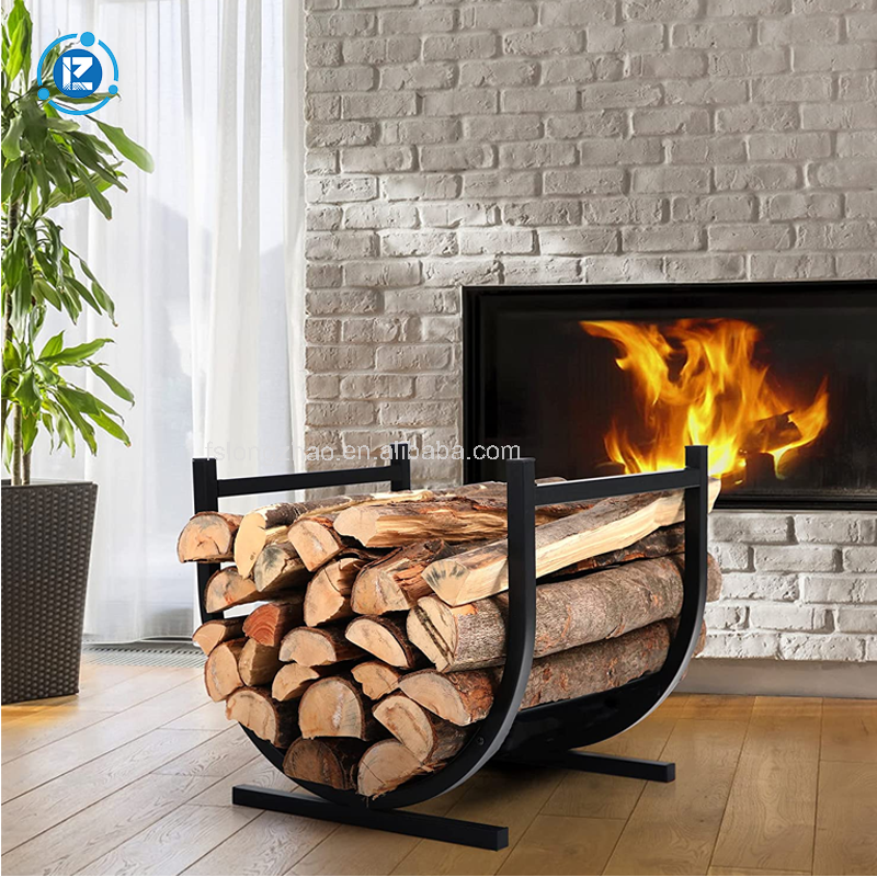 Heavy Duty Large Curved Indoor Outdoor Firewood Log Rack Log Hoop Log Holder Carrier for Firewood with Storage