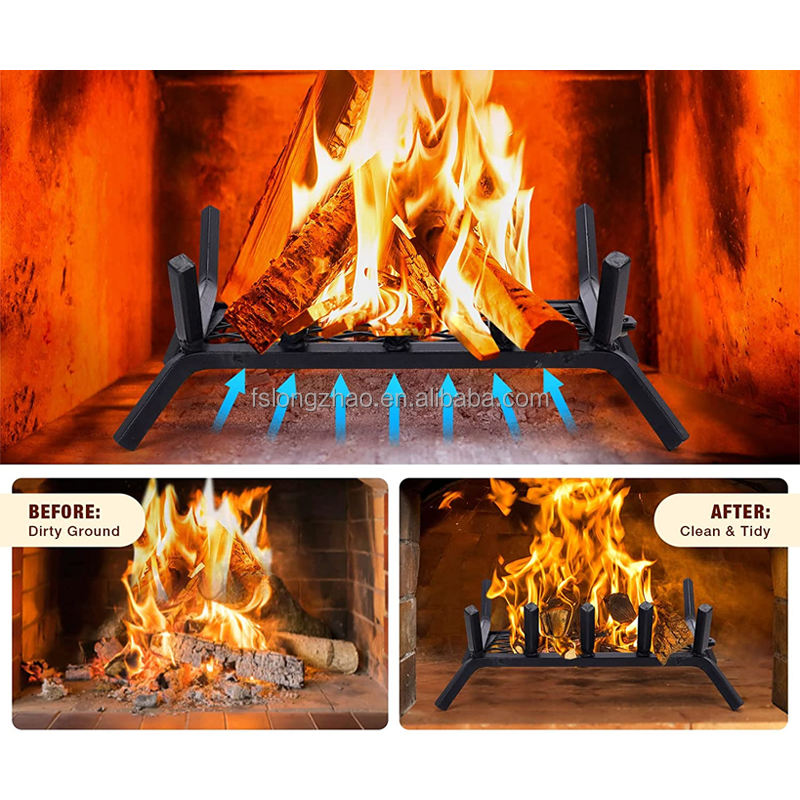 Inside Wrought Cast Iron Fireplace Grate Firewood Fire Wood Log Holder Rack with Ember Retainer for Outdoor Camping