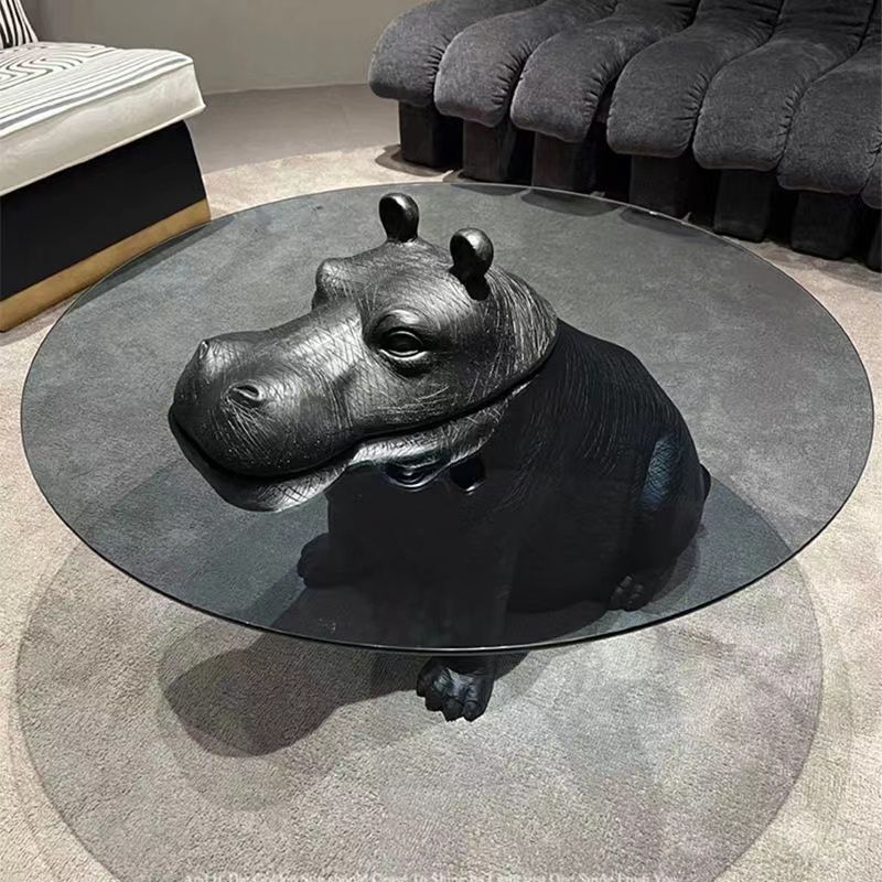 Round Tea Table Creative Hippo Coffee Table Design Living Room Tempered Glass Modern Factory Price Animal Wooden Dining Table