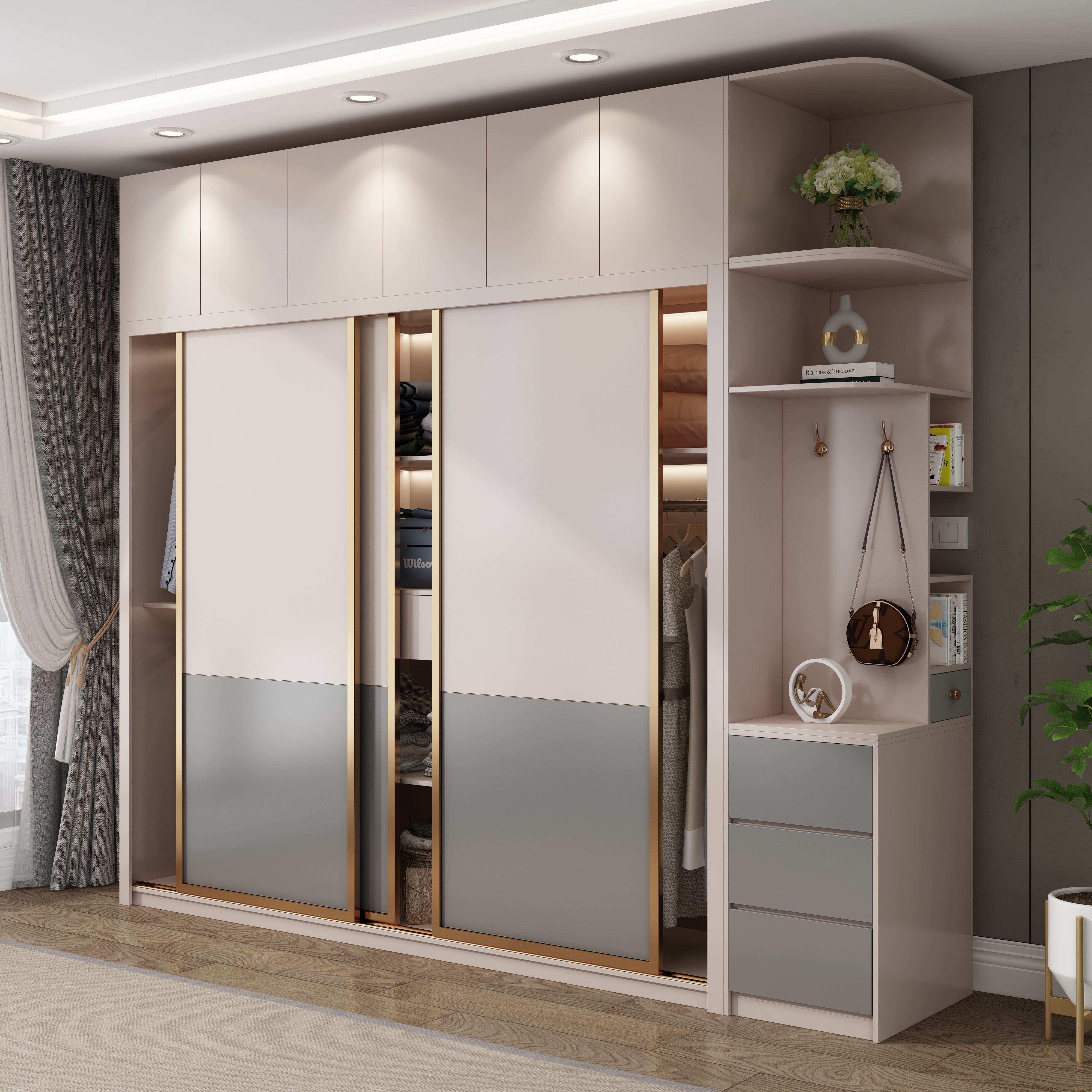 factory price sliding door wardrobes golden frame wardrobe closet