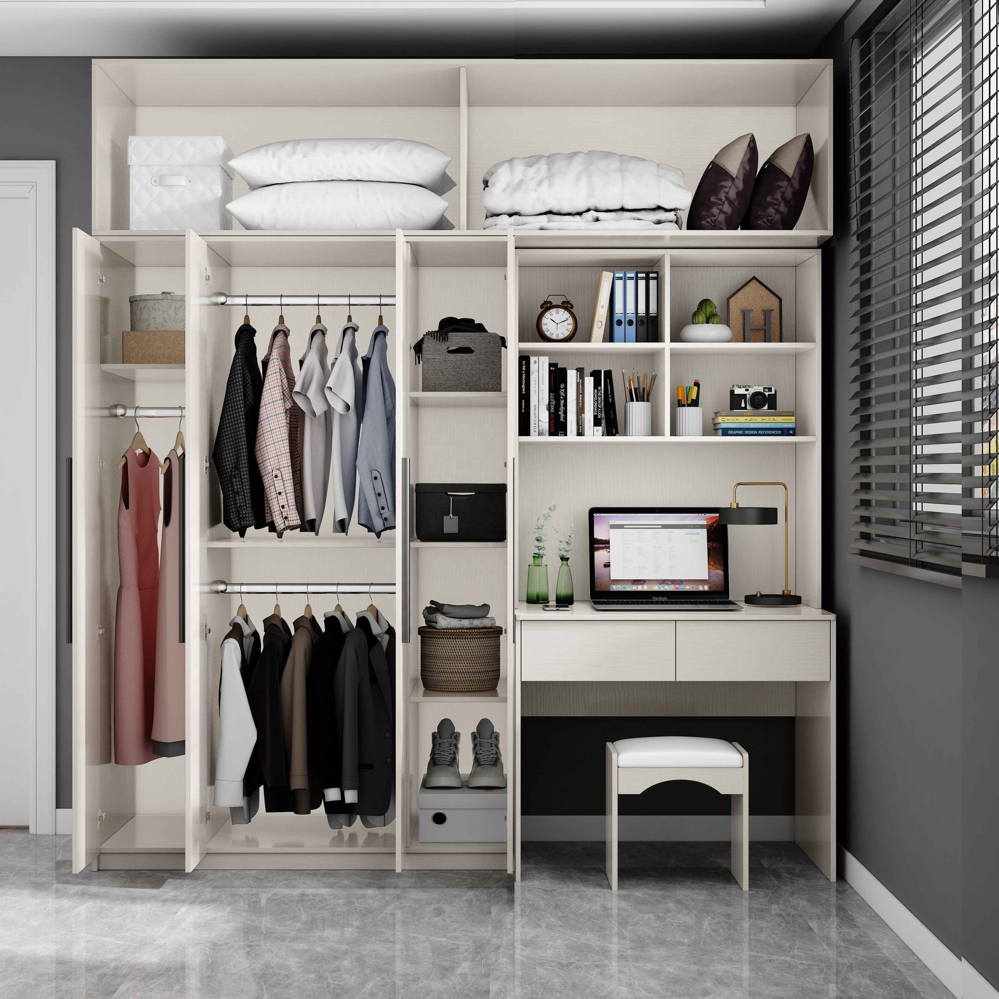 modern minimalist  wardrobe with book shelves and study table